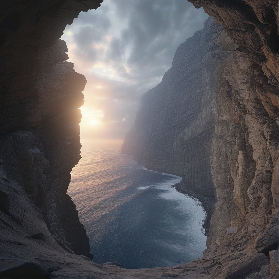 A rocky cave opening frames ocean cliffs along the coast, with golden light streaming through clouds above the water.