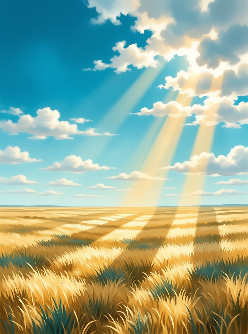 Golden wheat fields stretch to the horizon under a blue sky with bright sunbeams piercing through white clouds.