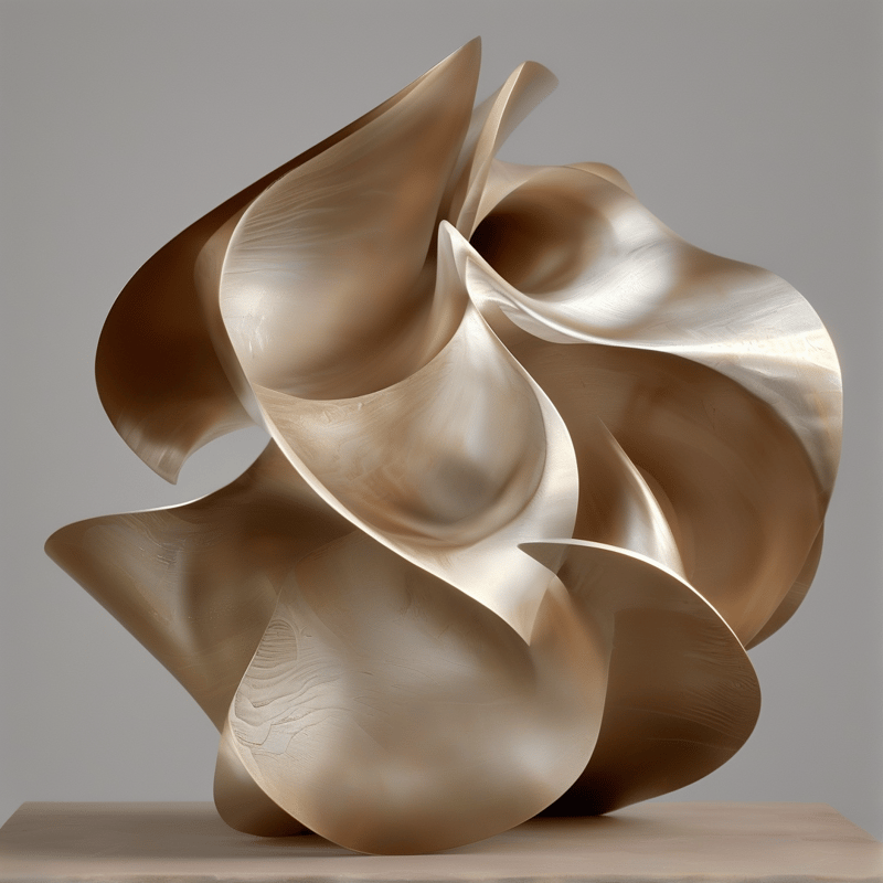 A smooth cream abstract sculpture of looping curved surfaces rests on a wooden base against a soft grey background.