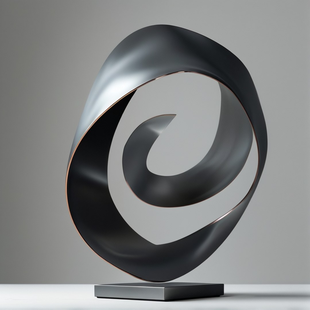 A dark twisted metal form with copper accents rests on a small rectangular base against a plain grey wall.