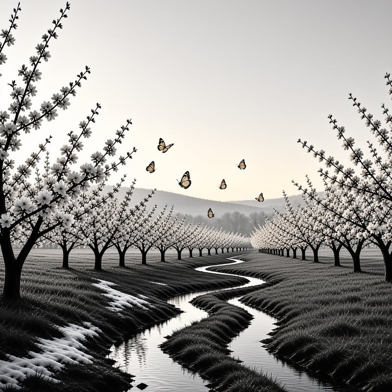 Monochrome orchard rows flank a winding stream as butterflies fly above the field towards distant mountains.