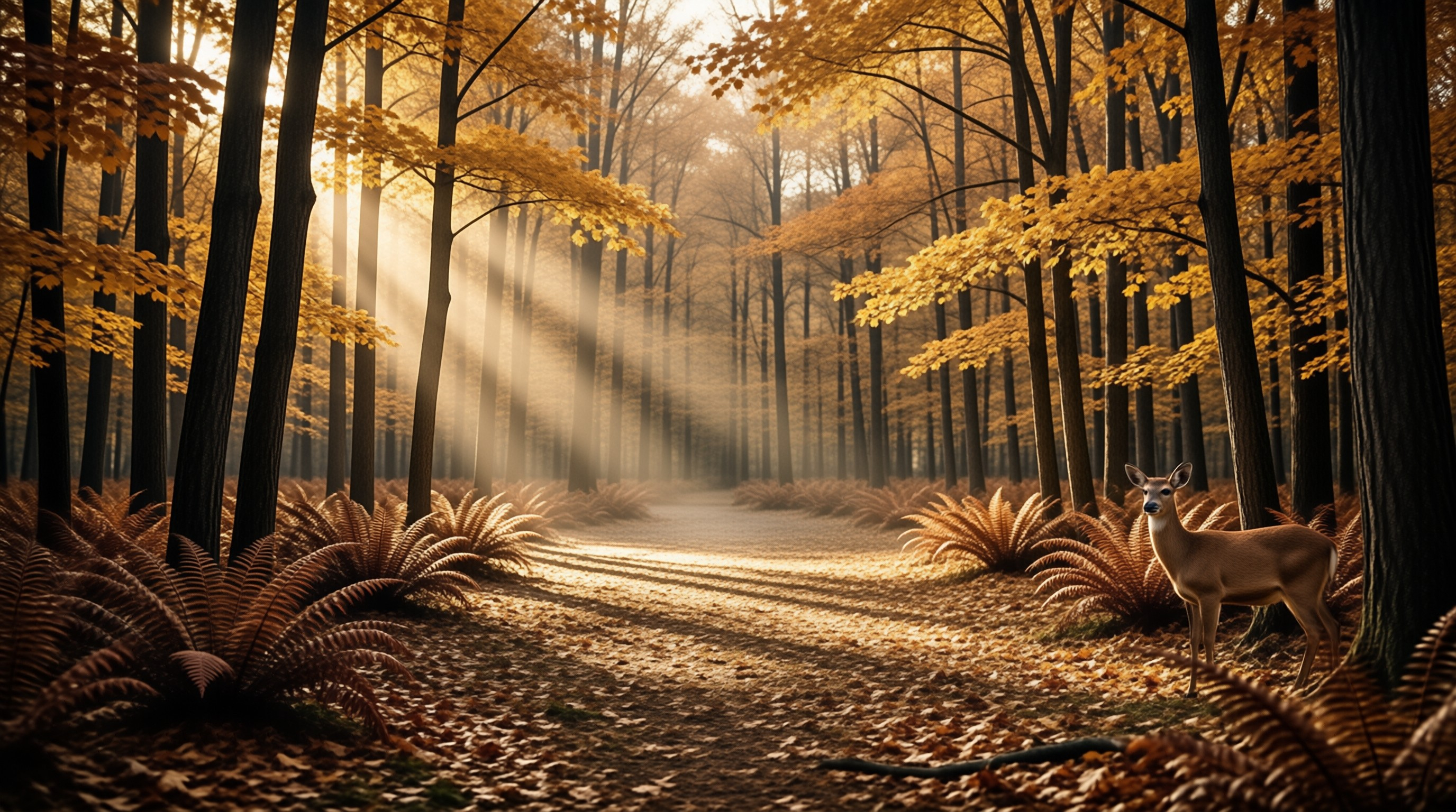 A young deer pauses on a leaf strewn woodland trail while golden sunbeams slant through tall autumn trees