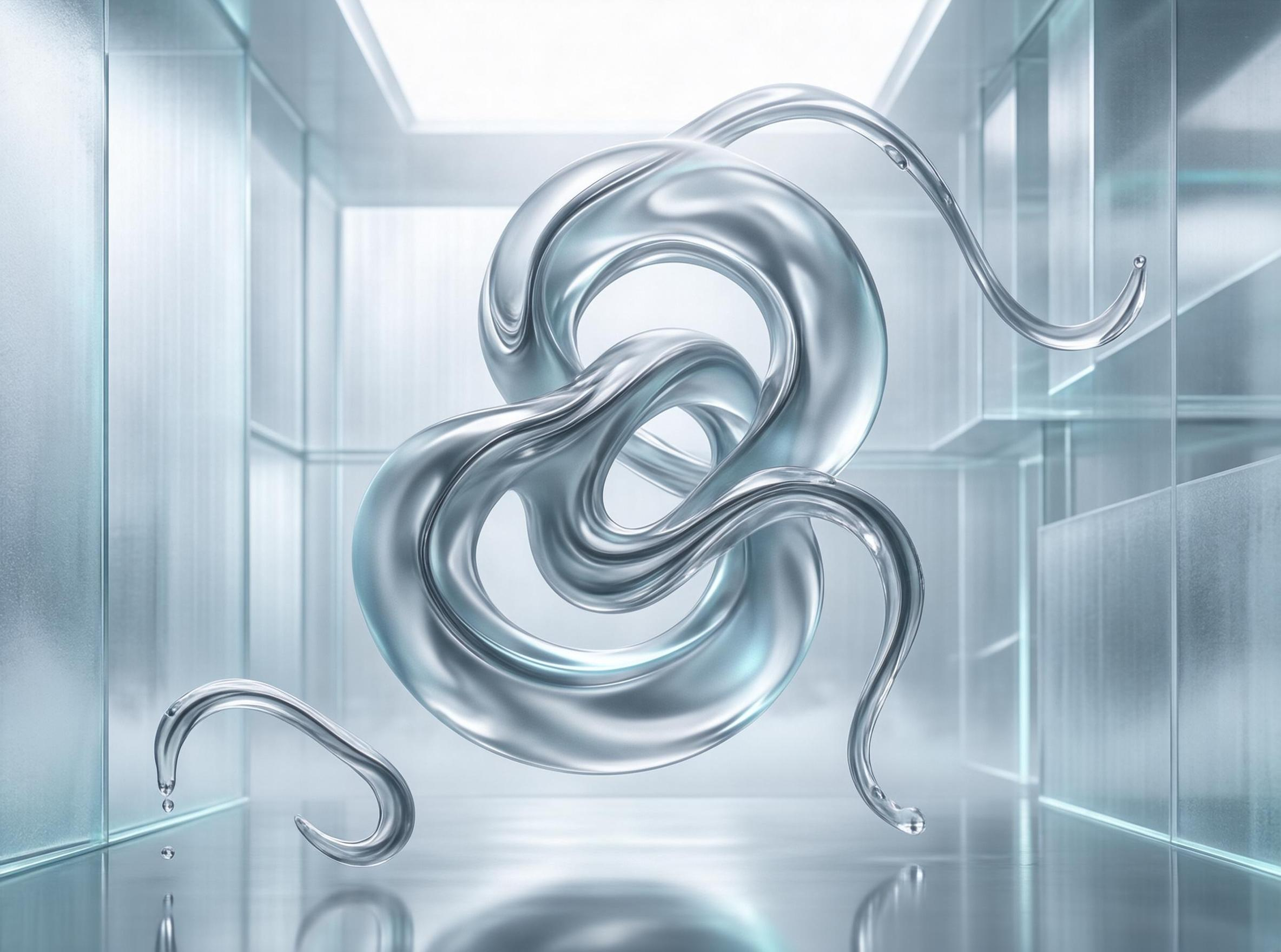 Abstract Metallic Sculpture in Glass Corridor