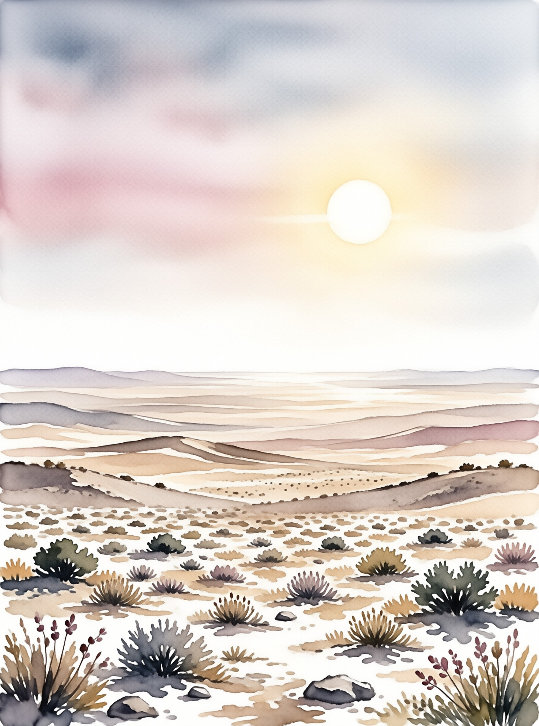 Watercolor painting of a desert landscape with scattered low shrubs and rocks, receding dunes, and a low pale sun in a soft pastel sky.
