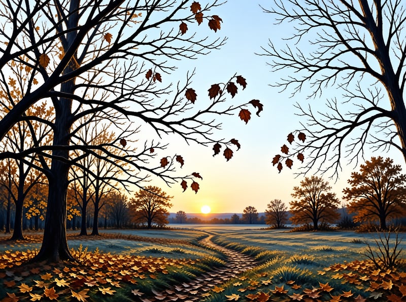 A frosty grassy path winds between autumn trees to a low setting sun, with fallen leaves covering the field.