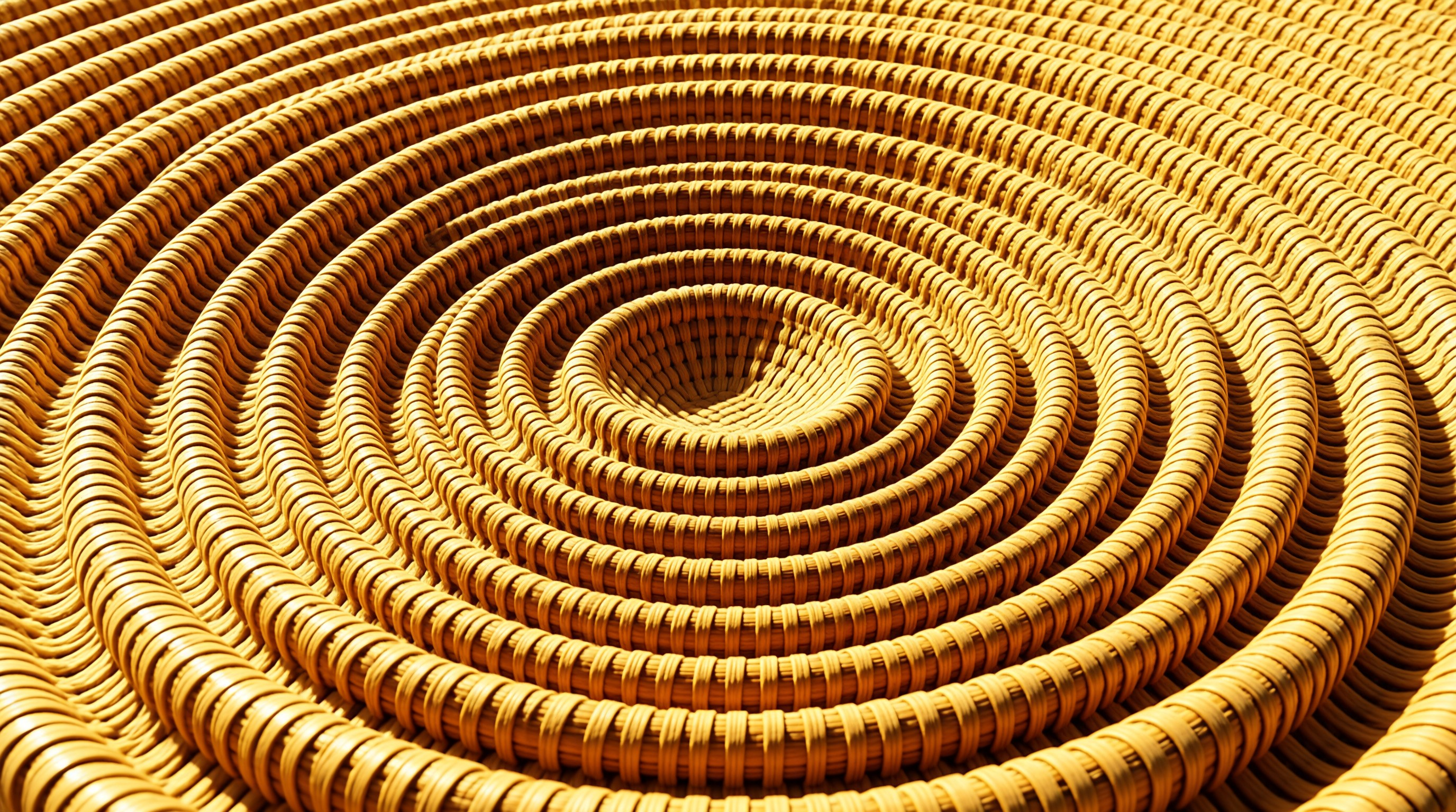 A close view of tightly coiled natural rattan forming concentric rings, glowing warm amber under soft directional light.