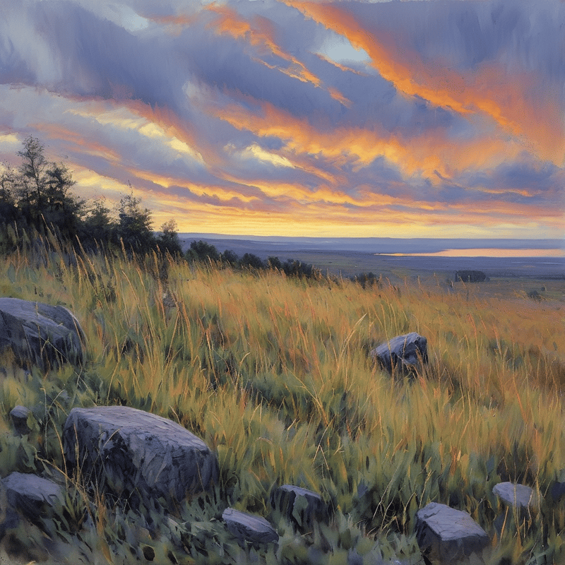 An impressionist oil painting of windswept grass and grey boulders glowing beneath a violet and amber sunset sky.