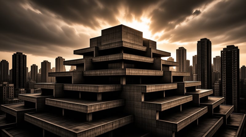 A massive stacked concrete structure rises above a dense urban skyline under a dramatic golden sky with breaking clouds.