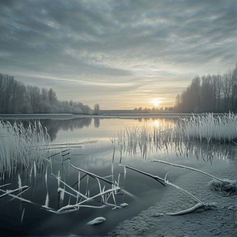 Frosted grasses and branches are half buried in a calm partially frozen lake during sunrise.