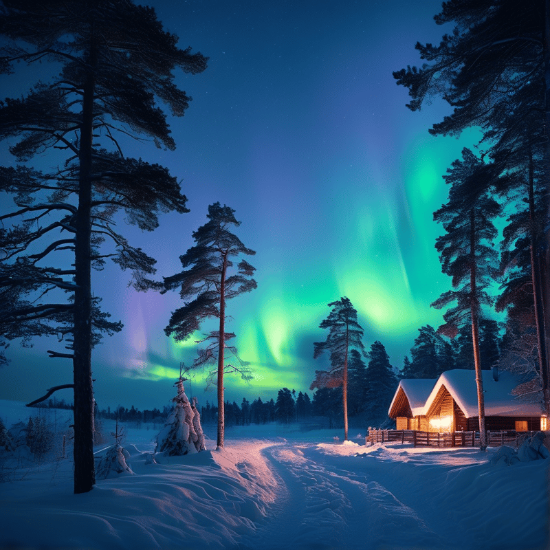 Aurora over Snowy Cabin