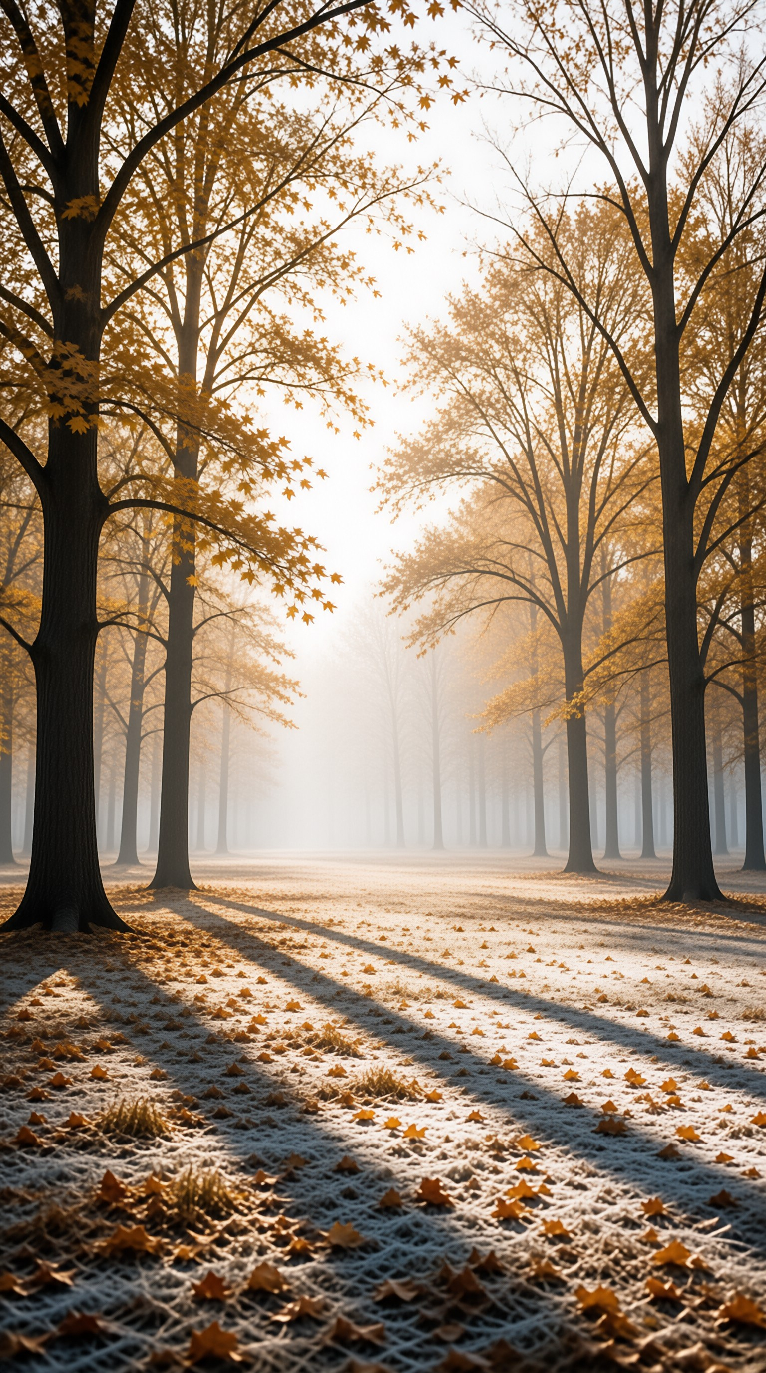 Tall trees with golden leaves line a frost-covered path where long shadows stretch across the ground amidst a thick morning fog.