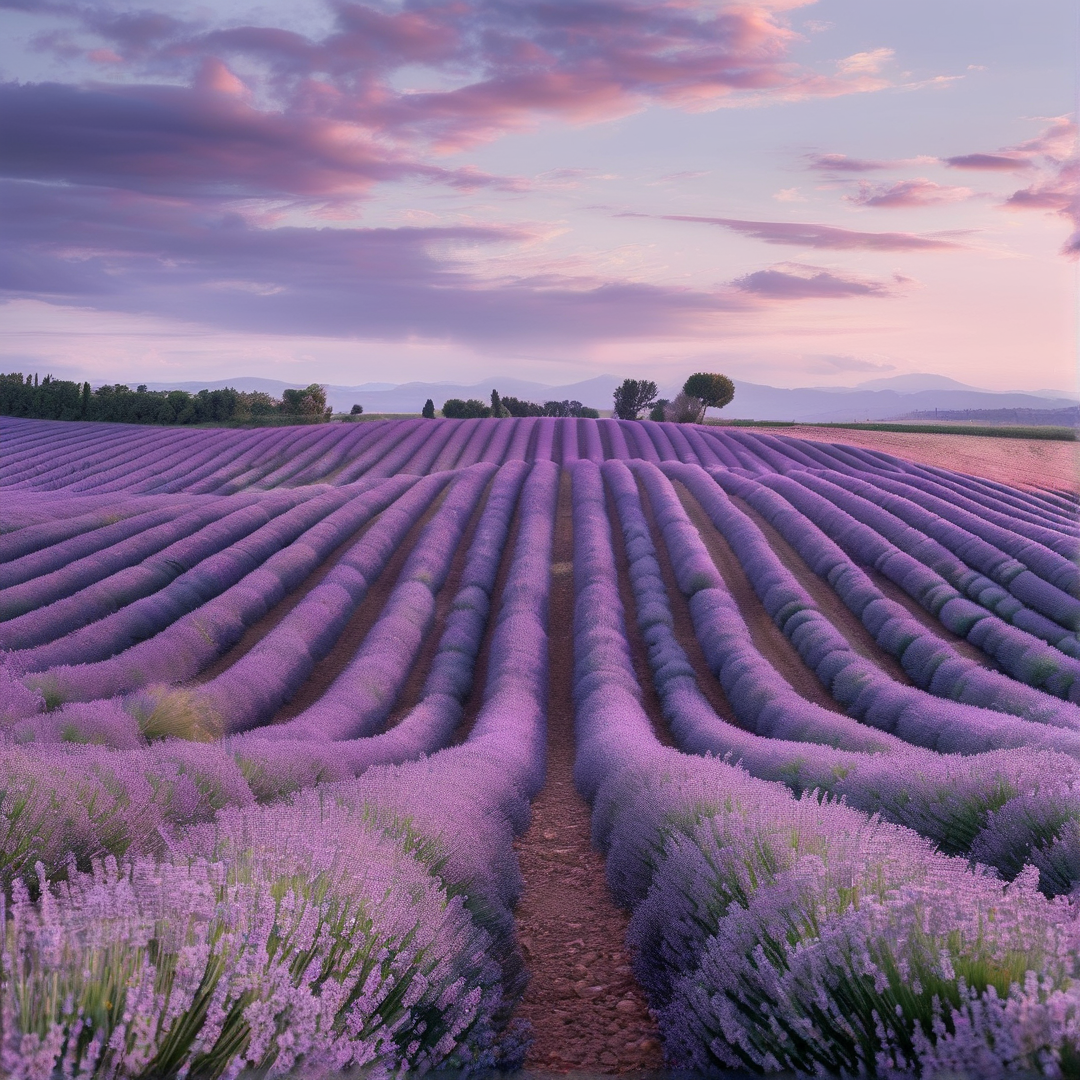 Purple lavender plants grow in neat rows across a rolling field beneath a sky filled with purple clouds at dusk.