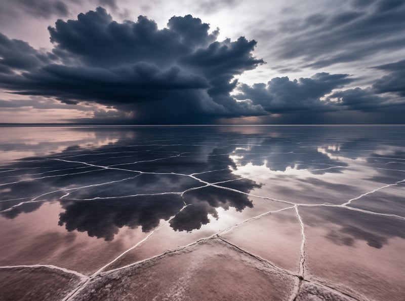 A wide view of a dry salt flat reflects a heavy sky full of dark clouds and patches of light near the horizon.