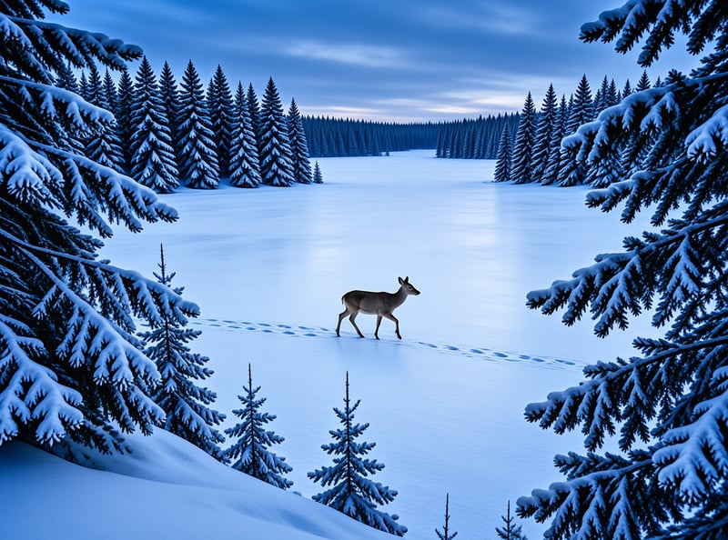 A lone deer traverses a snowy frozen lake surrounded by snow-covered coniferous trees in cool blue light.
