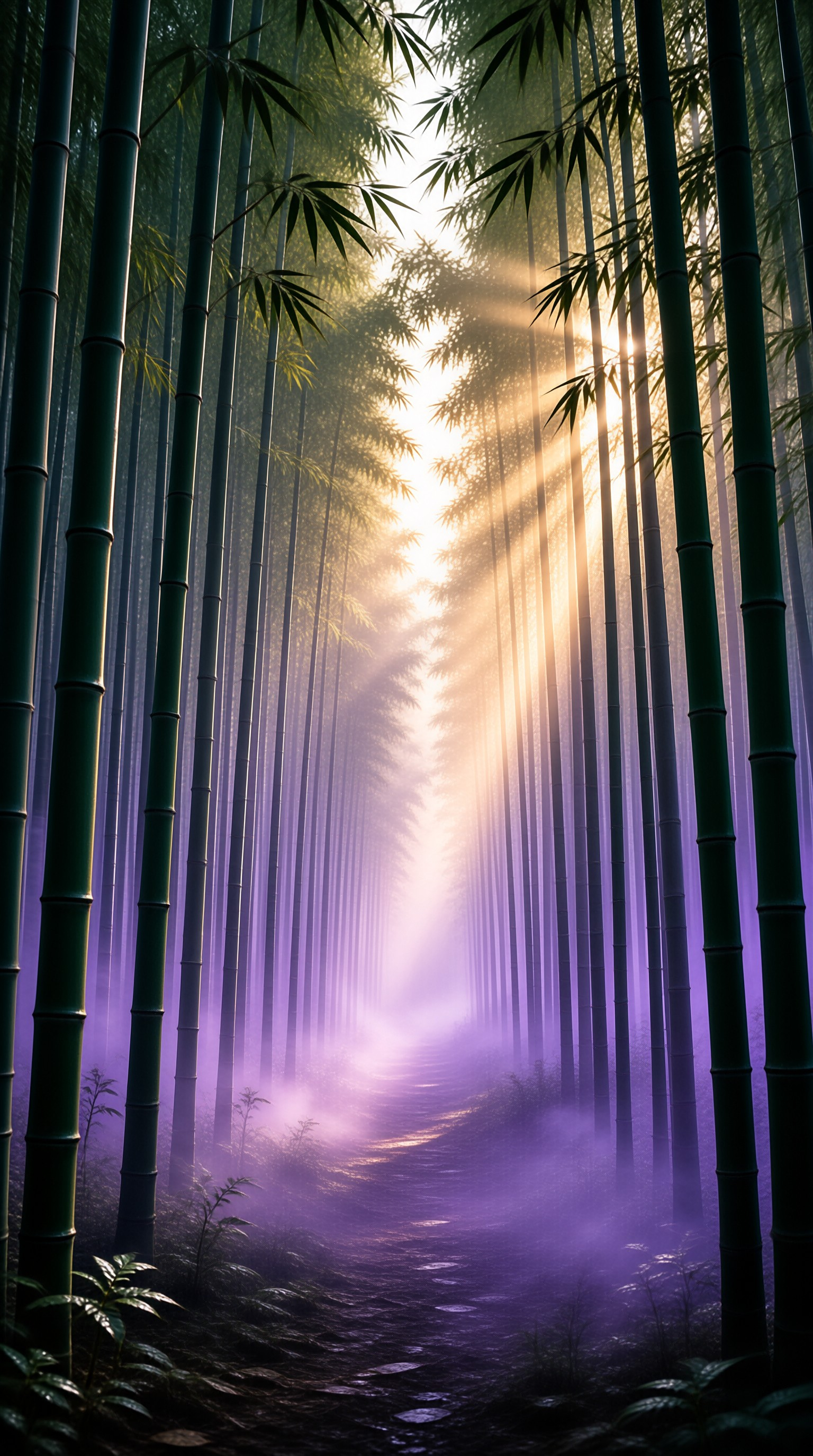 Tall green bamboo stalks line a stone path as golden rays pierce a lavender tinted morning fog.