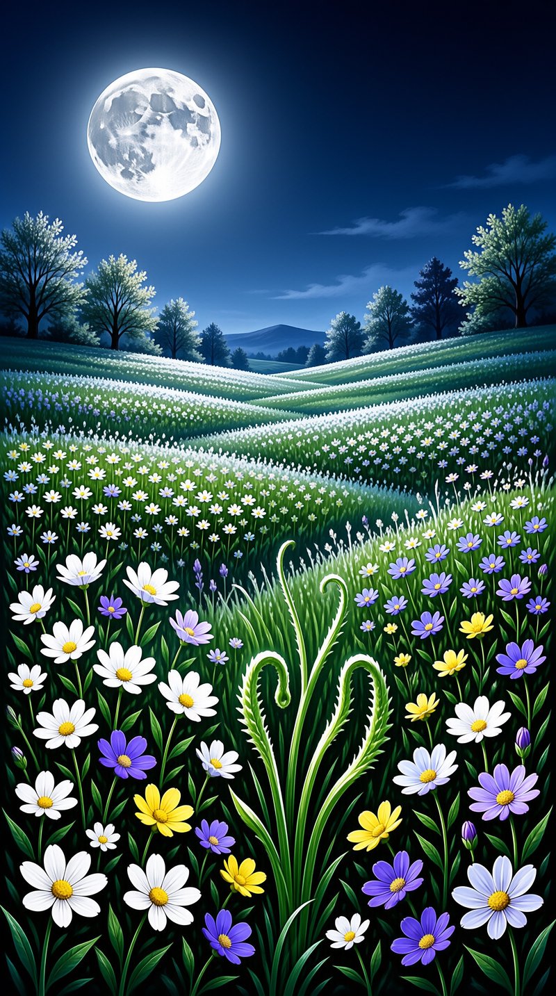 A serene night scene depicts a field of white purple and yellow flowers beneath a large glowing moon.