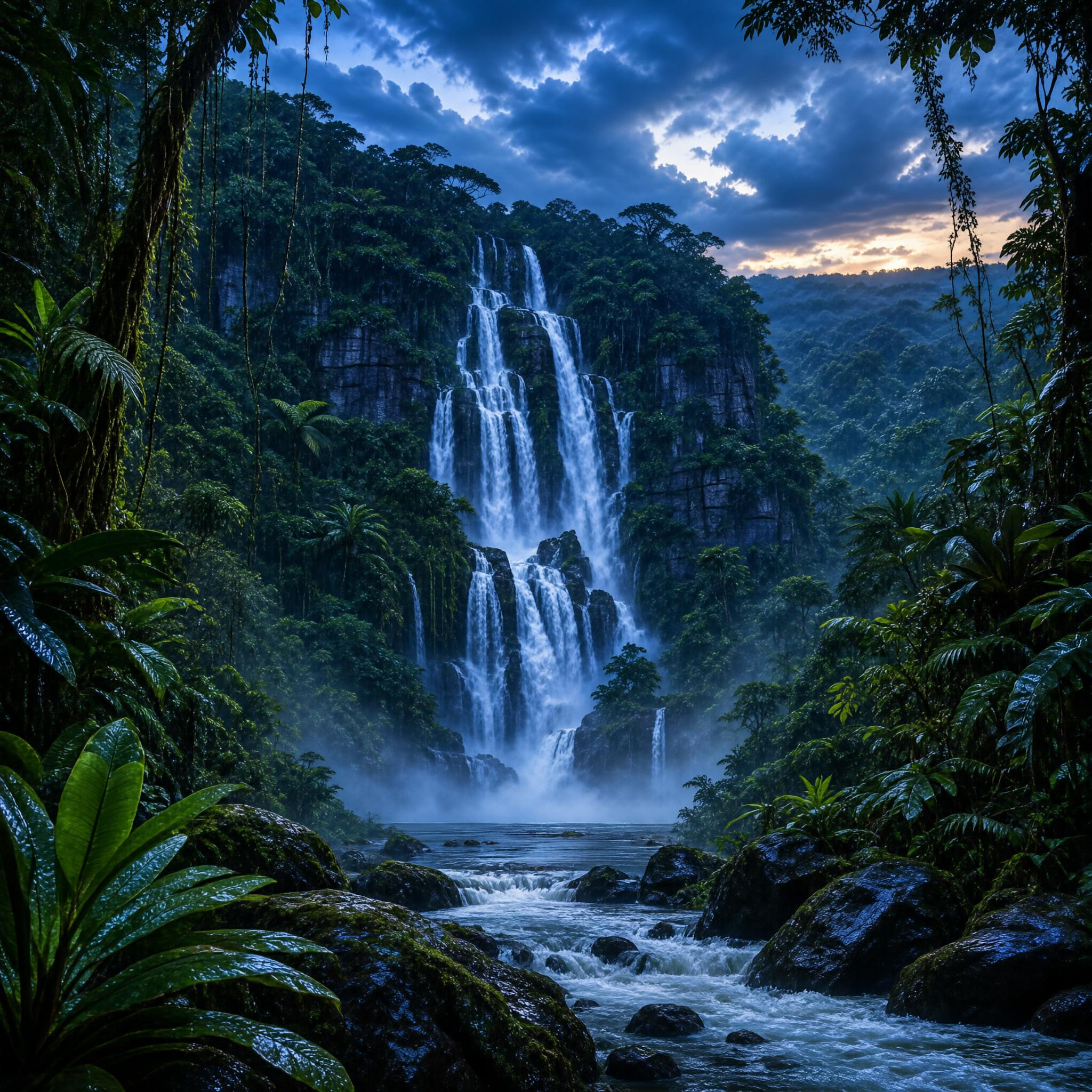 Rainforest Waterfall at Dusk