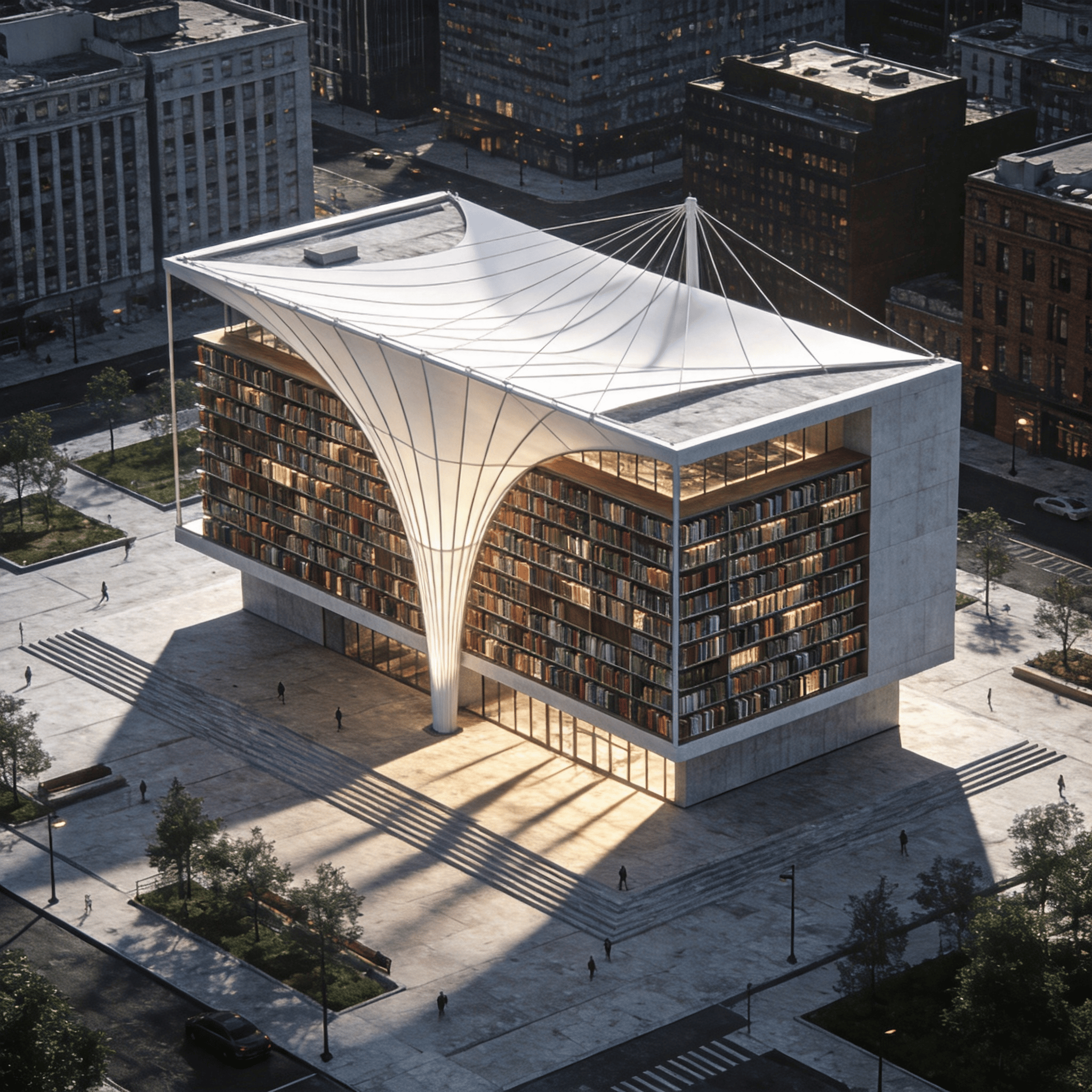 Library with Tensile Structure — Urban Plaza