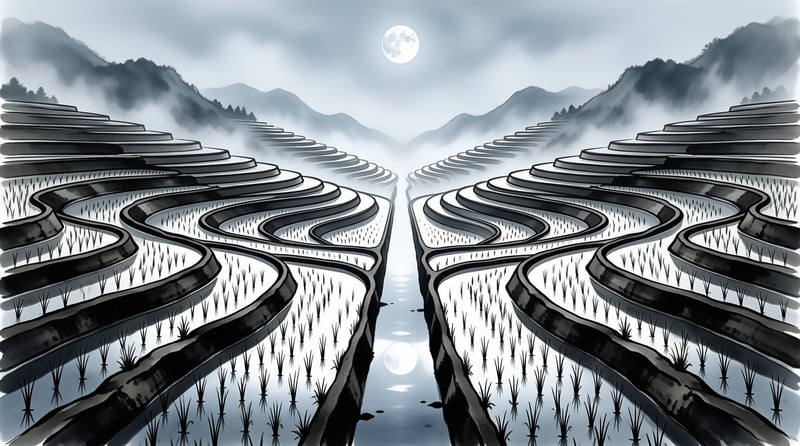 Flooded terraced rice fields sit symmetrically between misty mountain ranges, reflecting the bright full moon overhead.