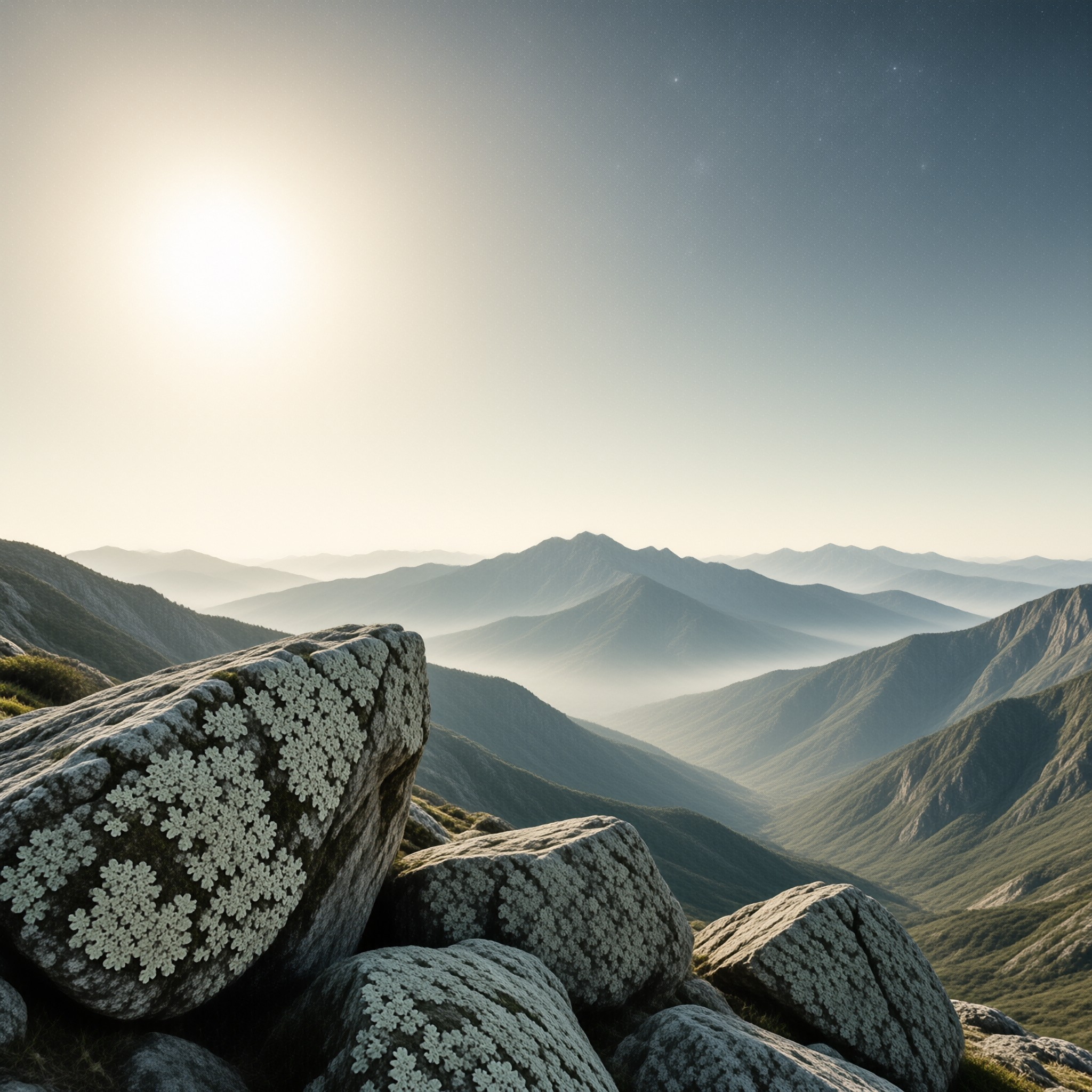 Pale crusty lichen coats granite boulders on a summit ridge while layers of forested peaks fade into low haze