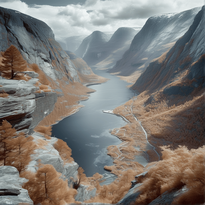 An aerial infrared view of a calm river threading through steep grey cliffs draped in copper foliage