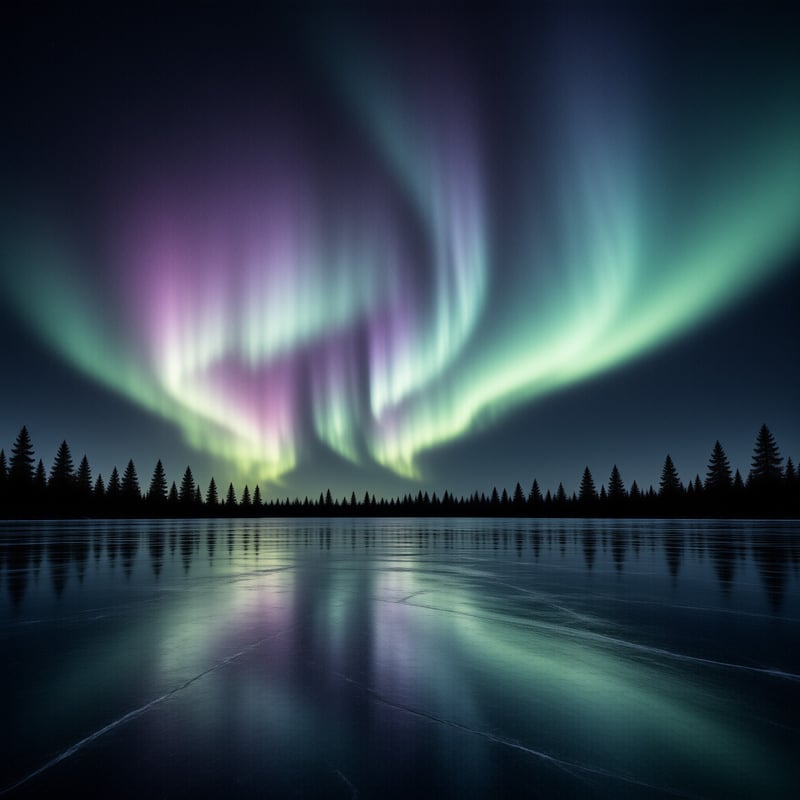 Green and purple aurora lights arc over a dark treeline and reflect onto a calm frozen lake surface at night.