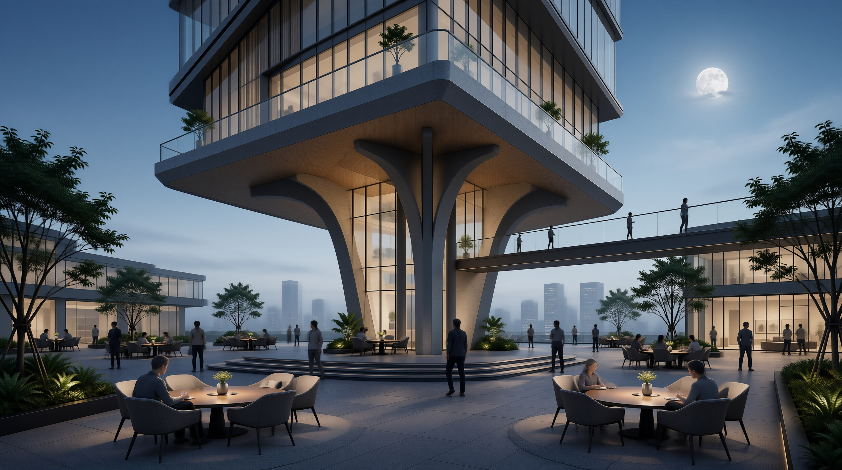 Modern Tower Plaza at Dusk