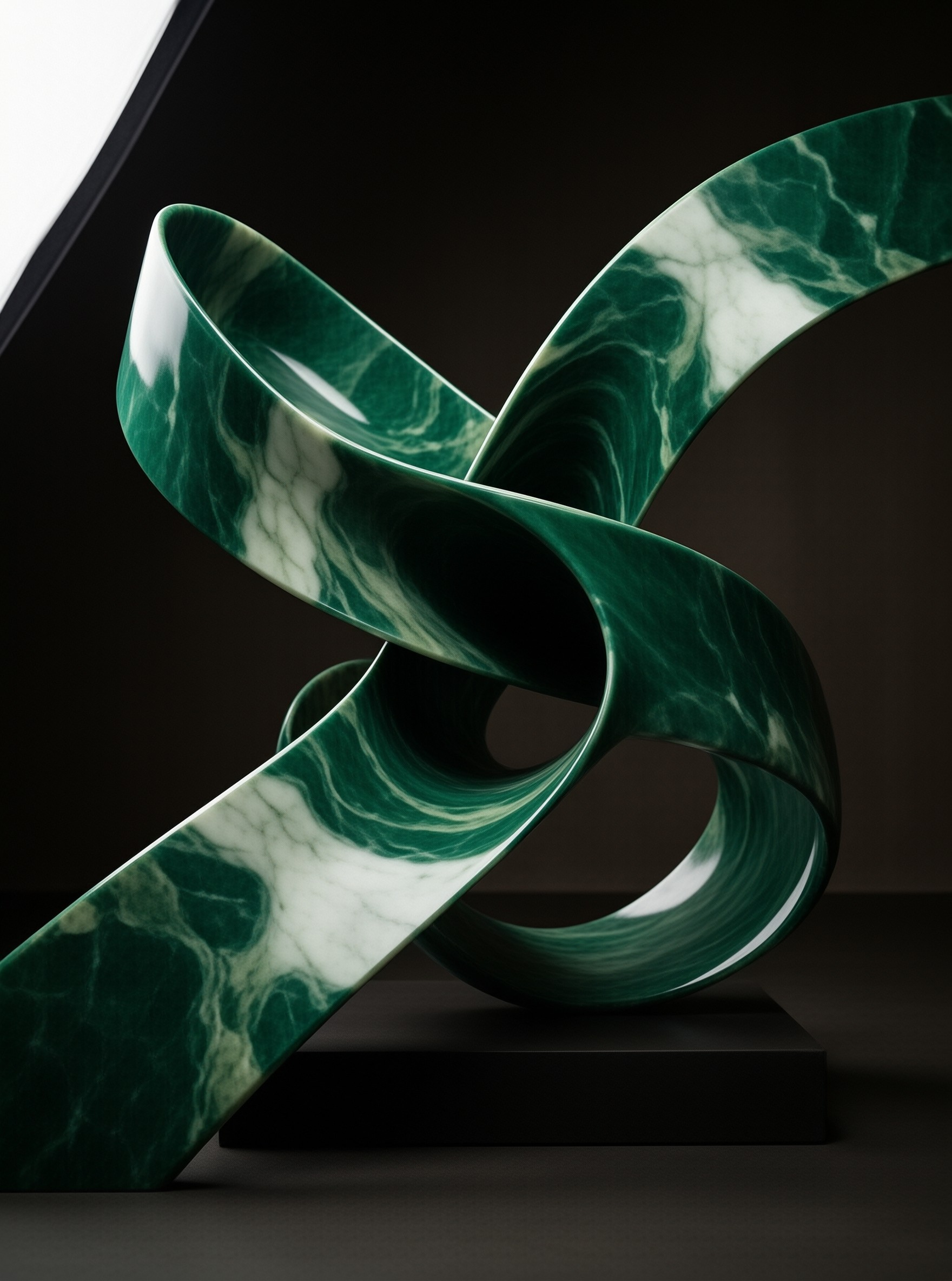 A polished green marble sculpture twisted into a continuous ribbon loop stands on a dark base with dramatic lighting.
