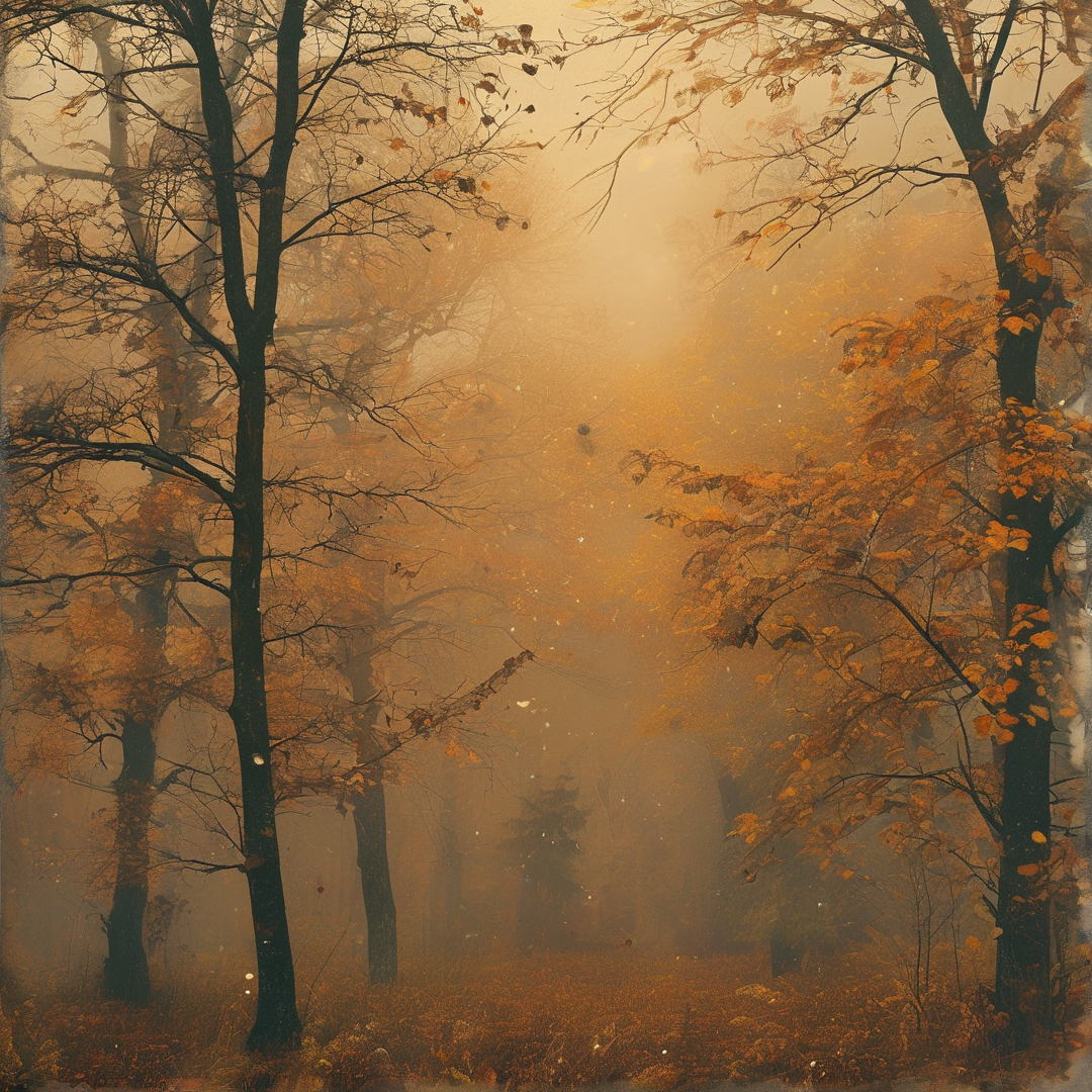 Tall dark trees stand in a thick golden fog while scattered orange autumn leaves cling to the upper branches of the wood.