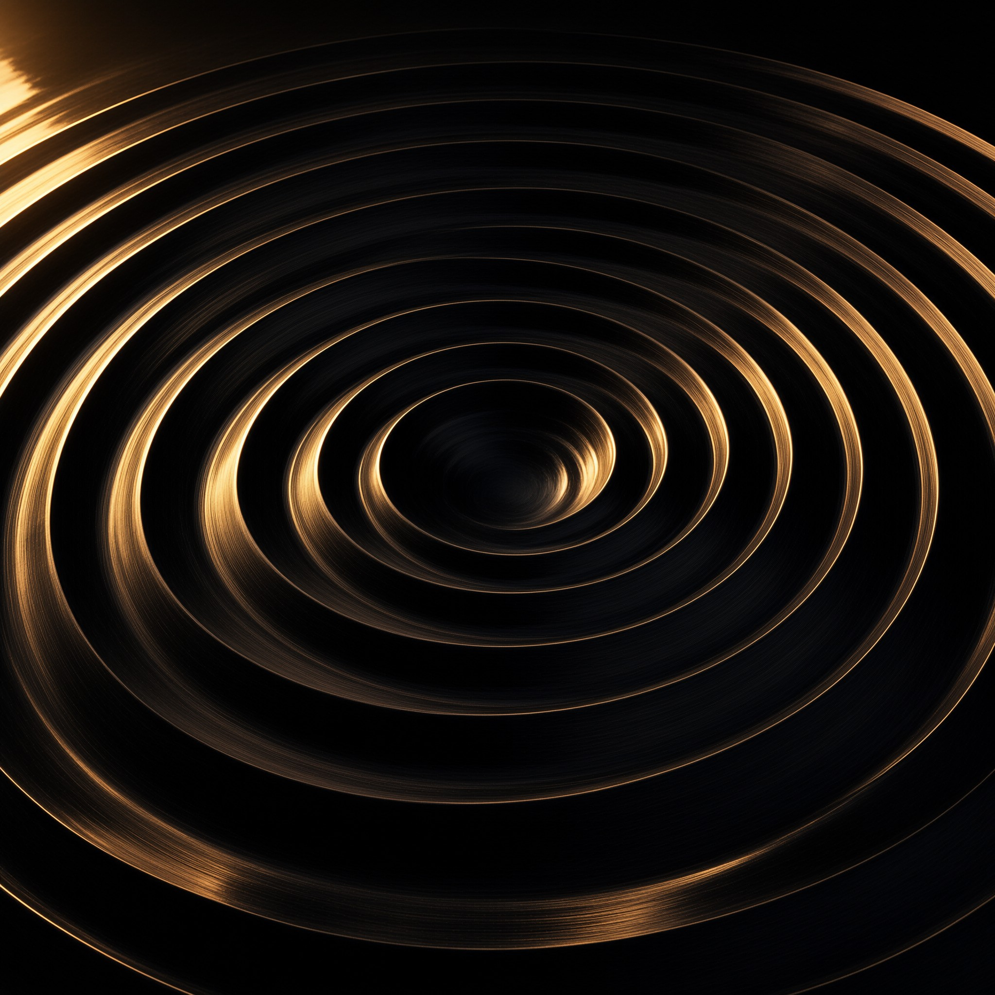Numerous concentric metallic discs bearing copper-toned reflections form a mesmerizing circular pattern receding into deep black space