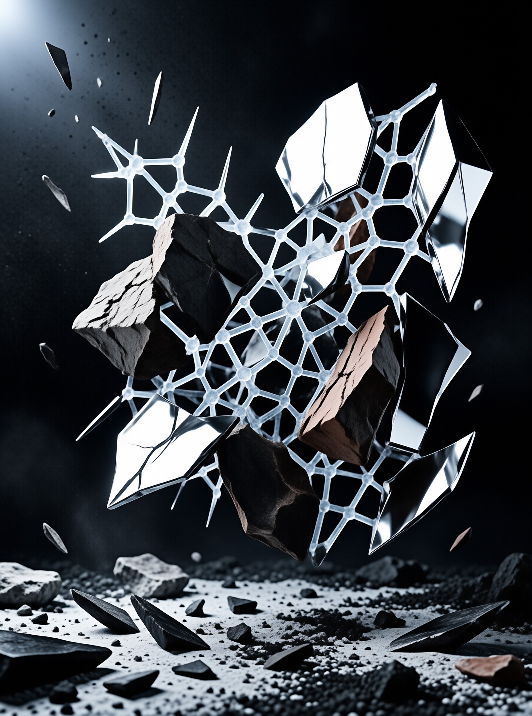 A complex white geometric form floats over a field of dark jagged stones under strong illumination.