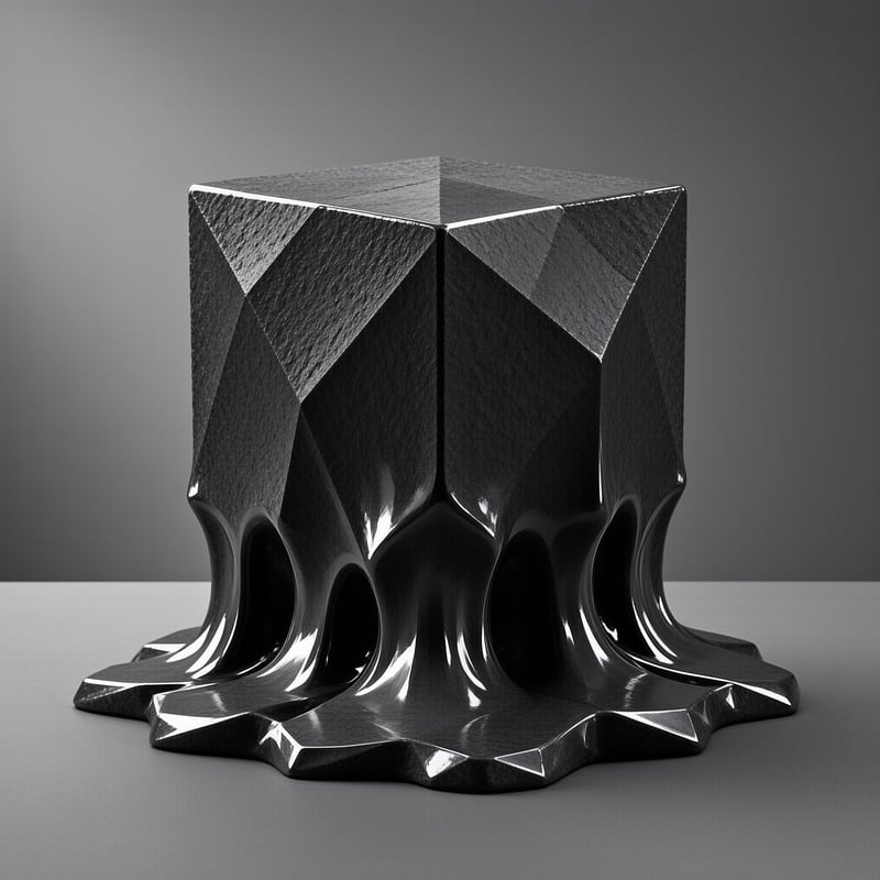 A glossy black geometric cube with sharp facets at the top and a melting fluid base sits on a gray surface.
