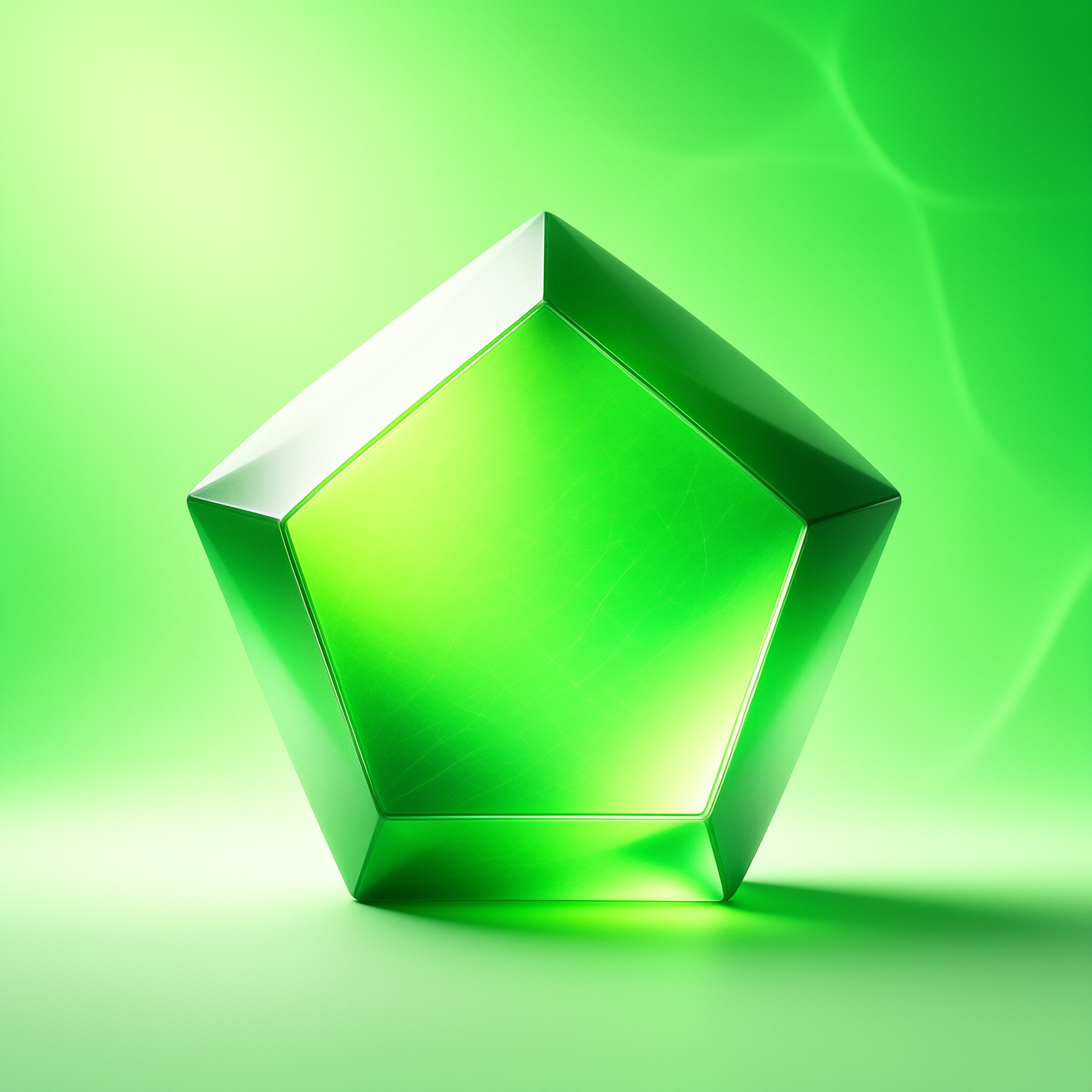 A glossy translucent green geometric shape with five facets stands on a matching surface surrounded by soft glowing light