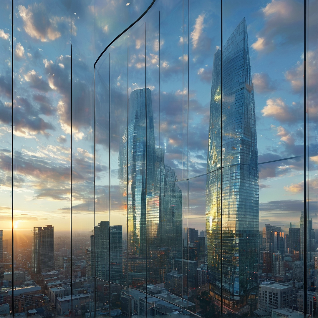 Tall glass buildings stand against a cloudy sky while the sun sets over a dense city below creating warm light