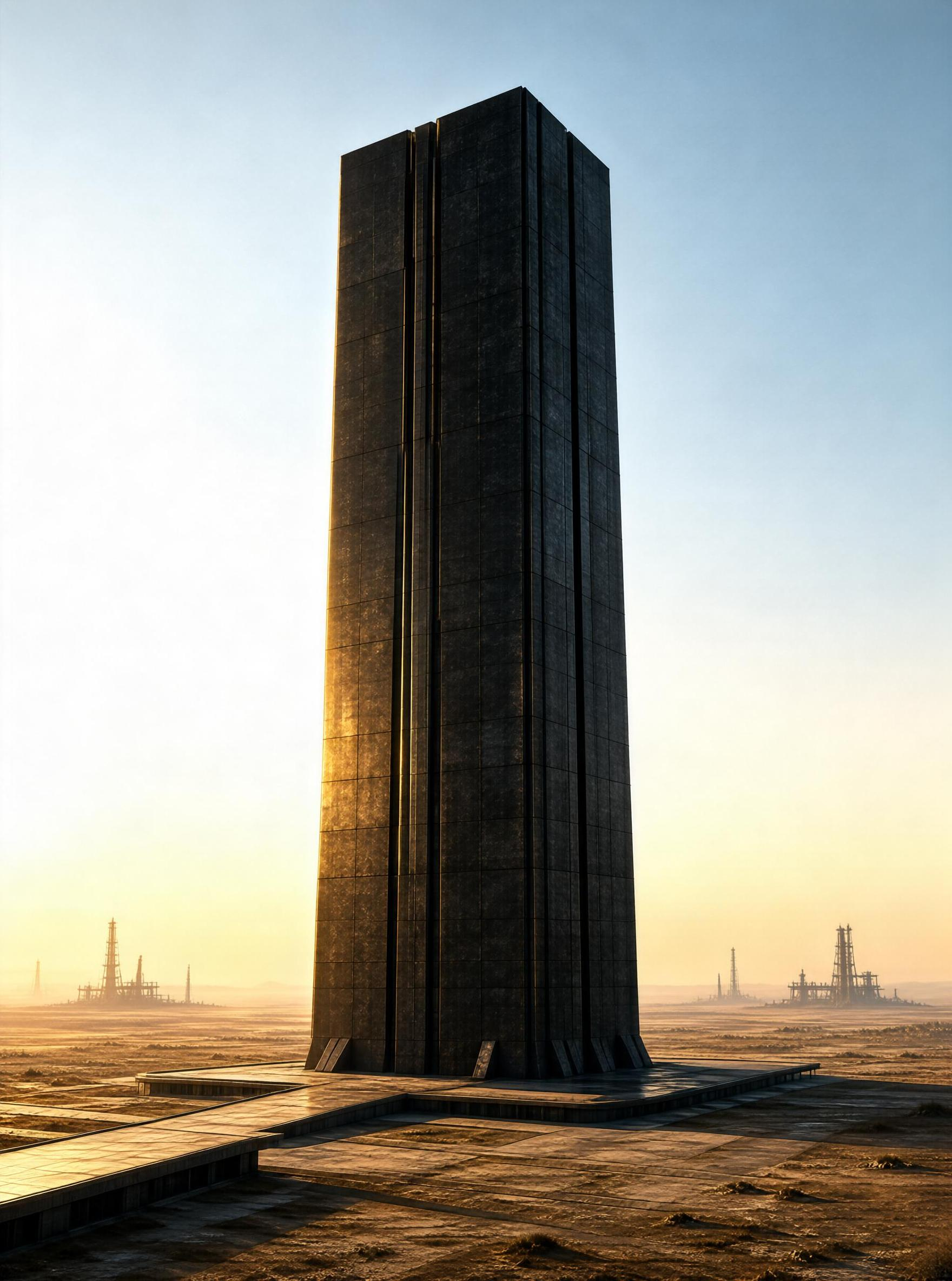 Tall Black Tower in Desert Landscape