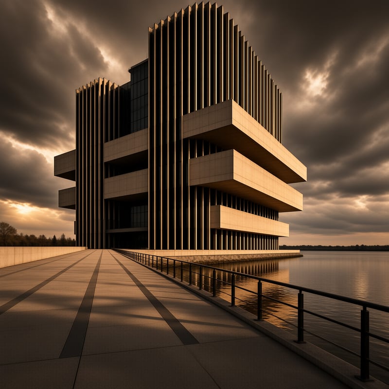 A geometric building with vertical ribs stands near a body of water during twilight.