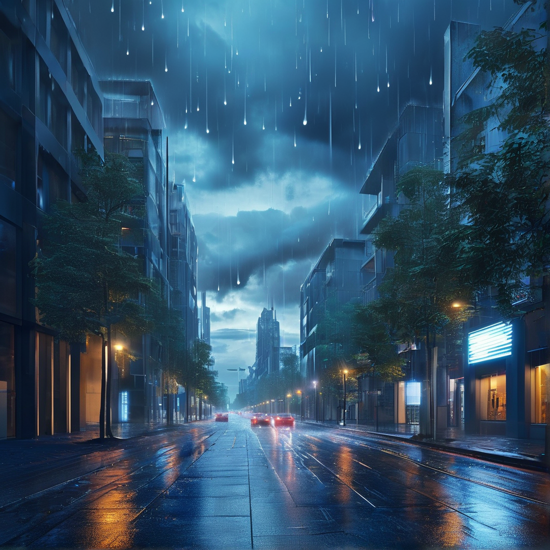 Wet urban avenue reflecting streetlights and car taillights during a downpour under a cloudy blue sky.
