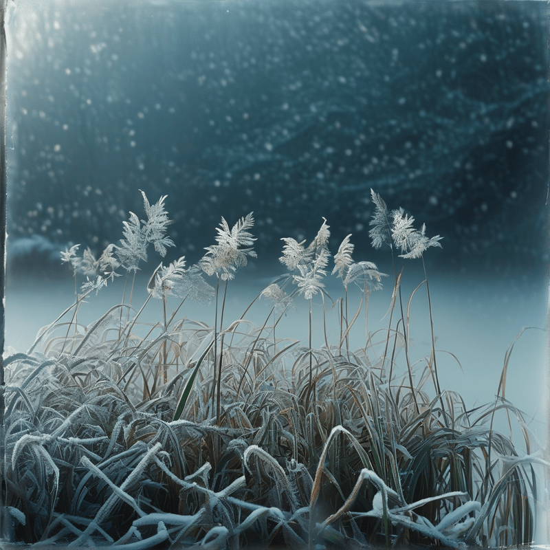 Tall grasses coated in delicate frost stand out against a soft blue background filled with bokeh light.