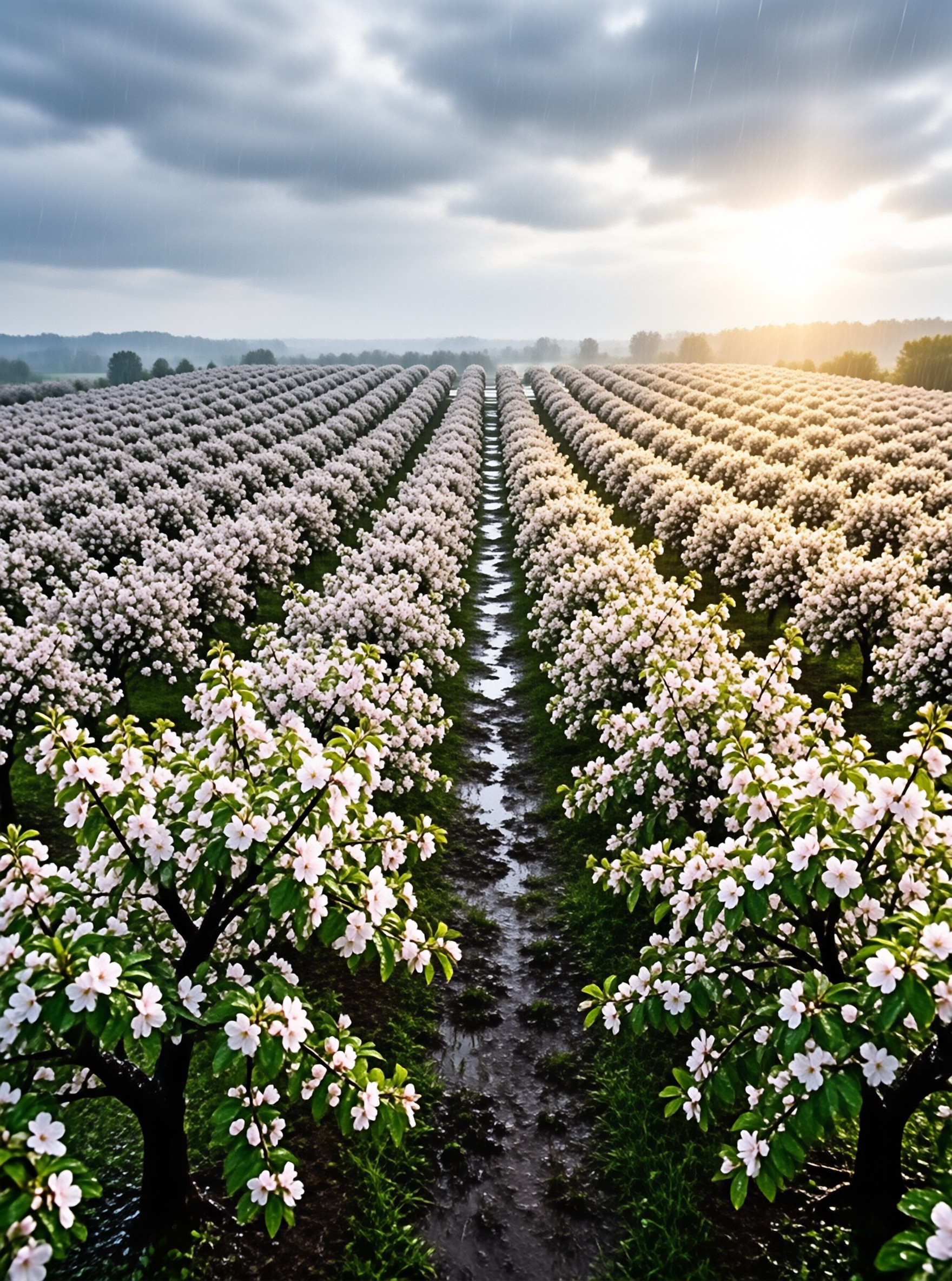Endless rows of pale blossom trees stretch to the horizon as sunlight breaks through heavy rain clouds.