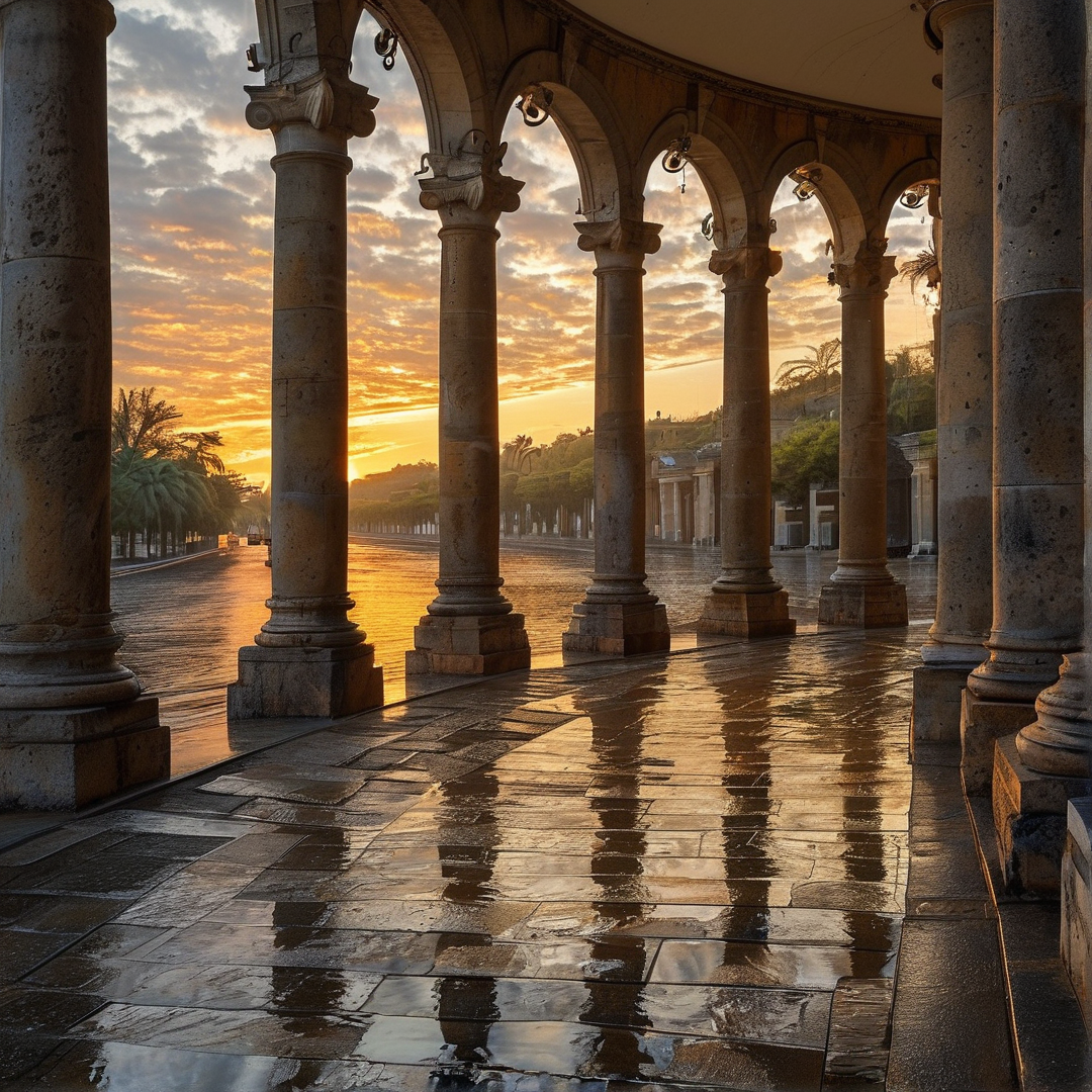 A stone archway looks out onto a wet street where the orange sunrise light reflects off the pavement and columns.