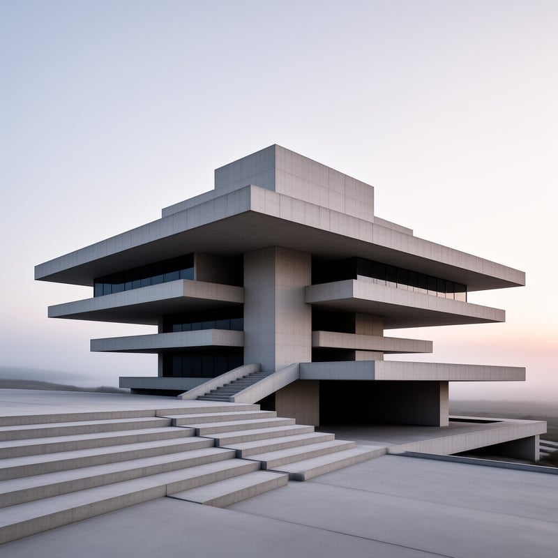 A massive grey concrete structure with tiered balconies stands on a wide plaza against a hazy sky at sunrise.