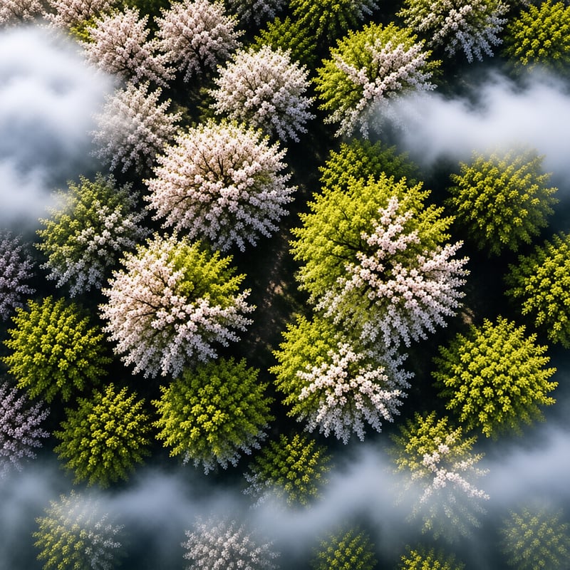 Aerial view of white blossoming trees mixed with bright green foliage while clouds drift across the forest canopy.