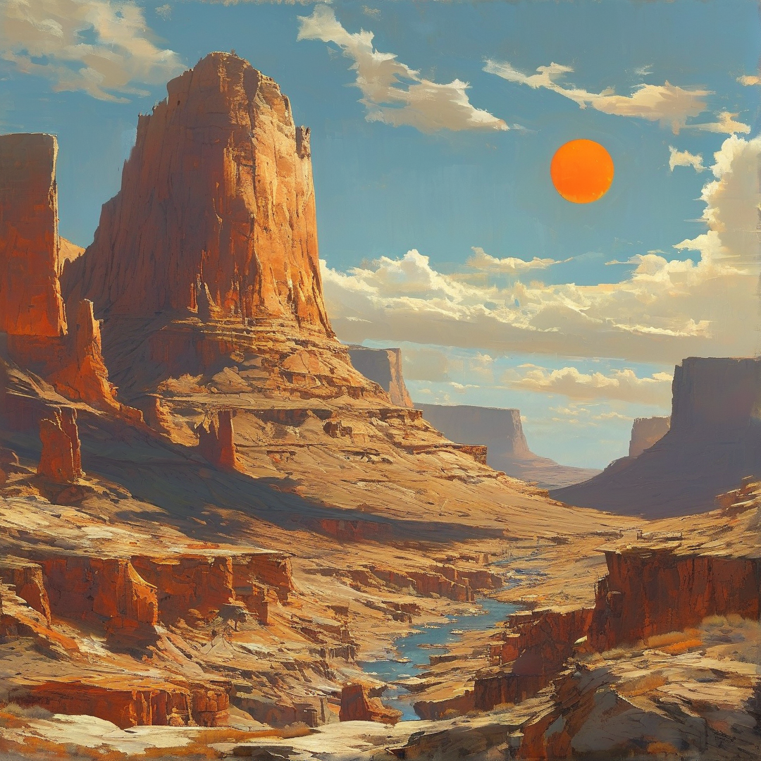 Sandstone cliffs rise above a winding river in a painted desert landscape beneath a sky with a bright orange sun.