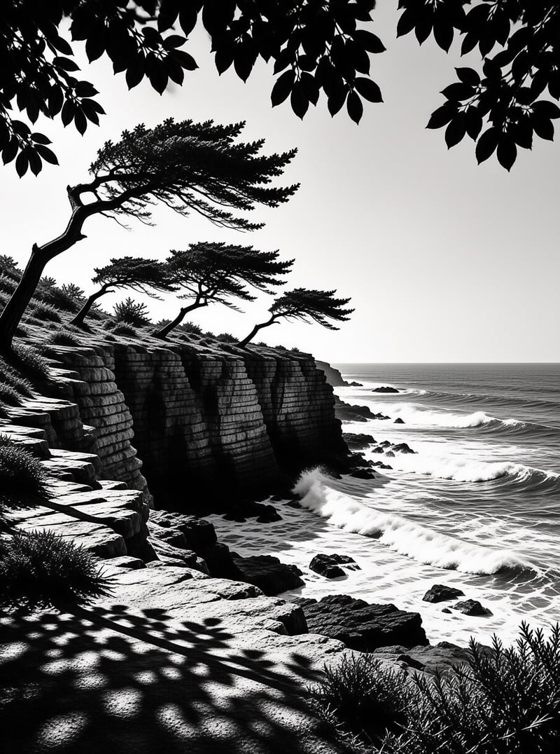 Cypress Cliffs on a Monochrome Coast Landscape