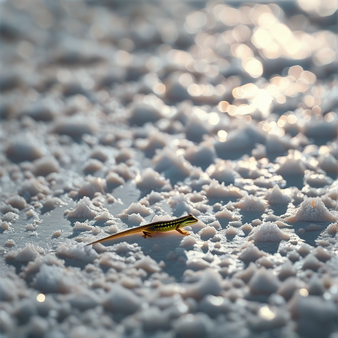 A striped green and black skink walks across sunlit glistening white salt flat crusts with soft warm sun bokeh in the blurred background.
