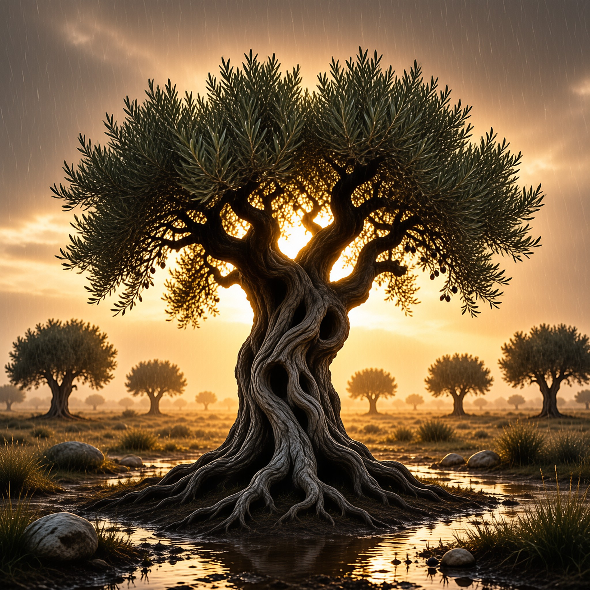 Ancient Olive Tree in Rain
