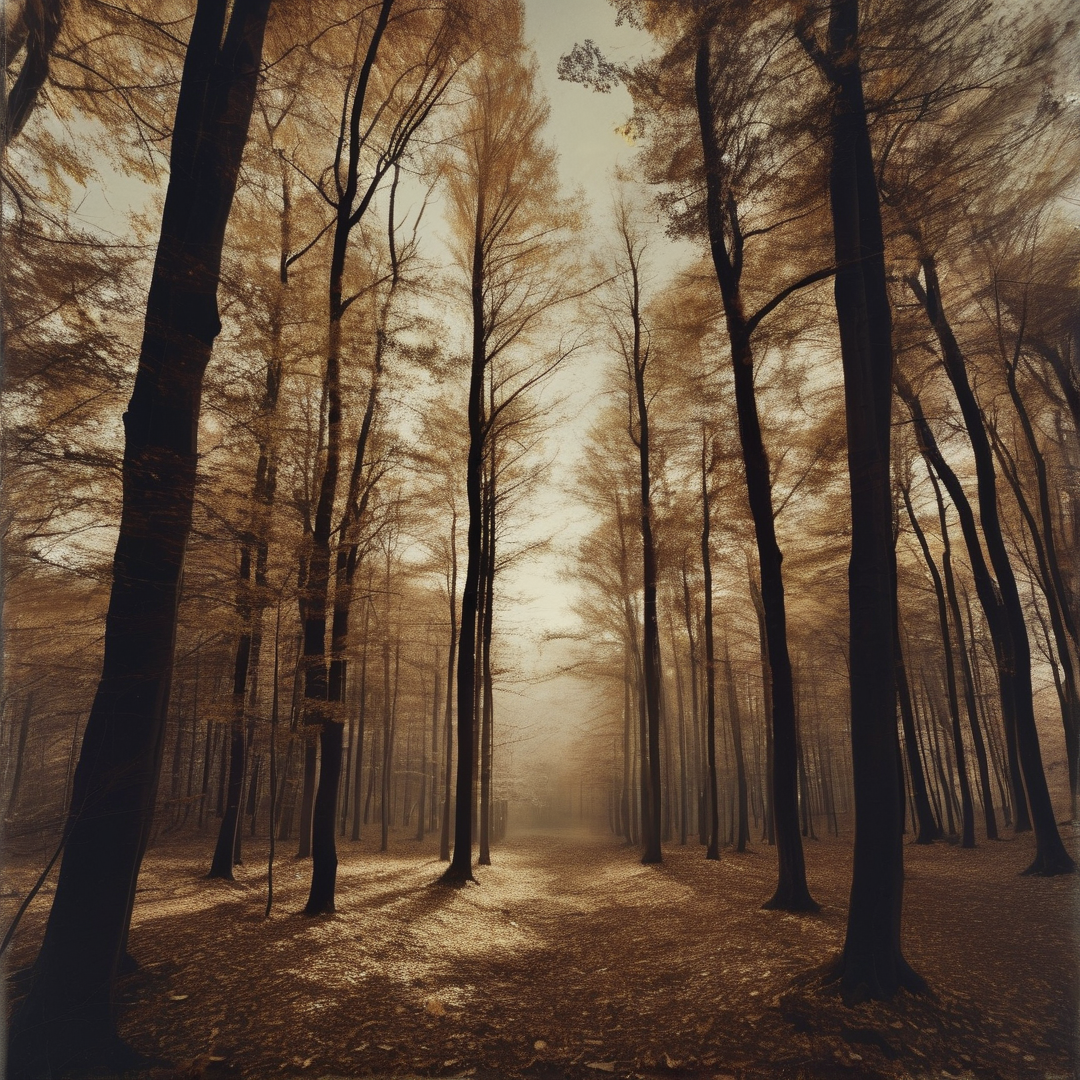 Slender poplar trees with autumn leaves frame a foggy central path covered in dry fallen foliage under soft warm hazy light.