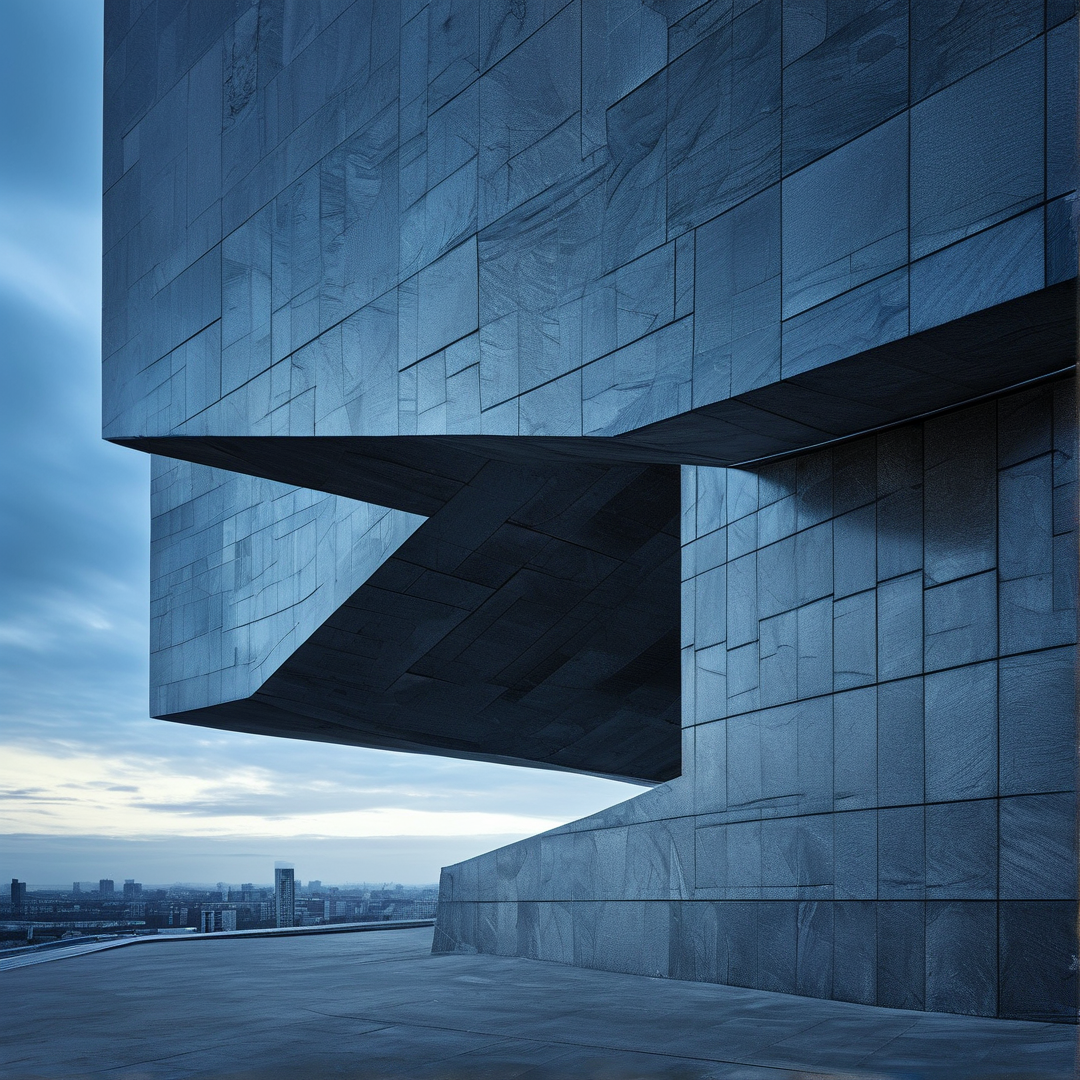 Massive angular building facade featuring sharp cantilevered edges and stone panels illuminated by deep blue twilight sky