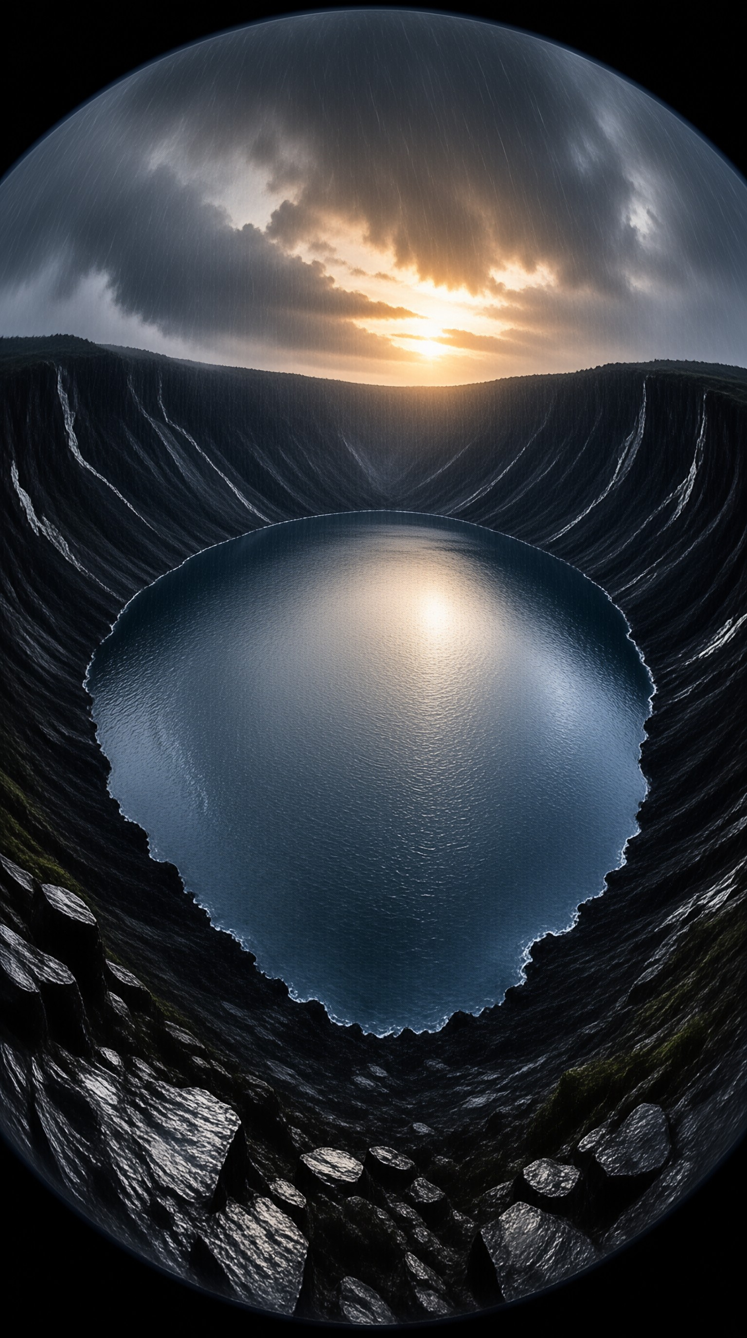 A circular pool sits within steep dark slopes while a bright sun shines through clouds above.