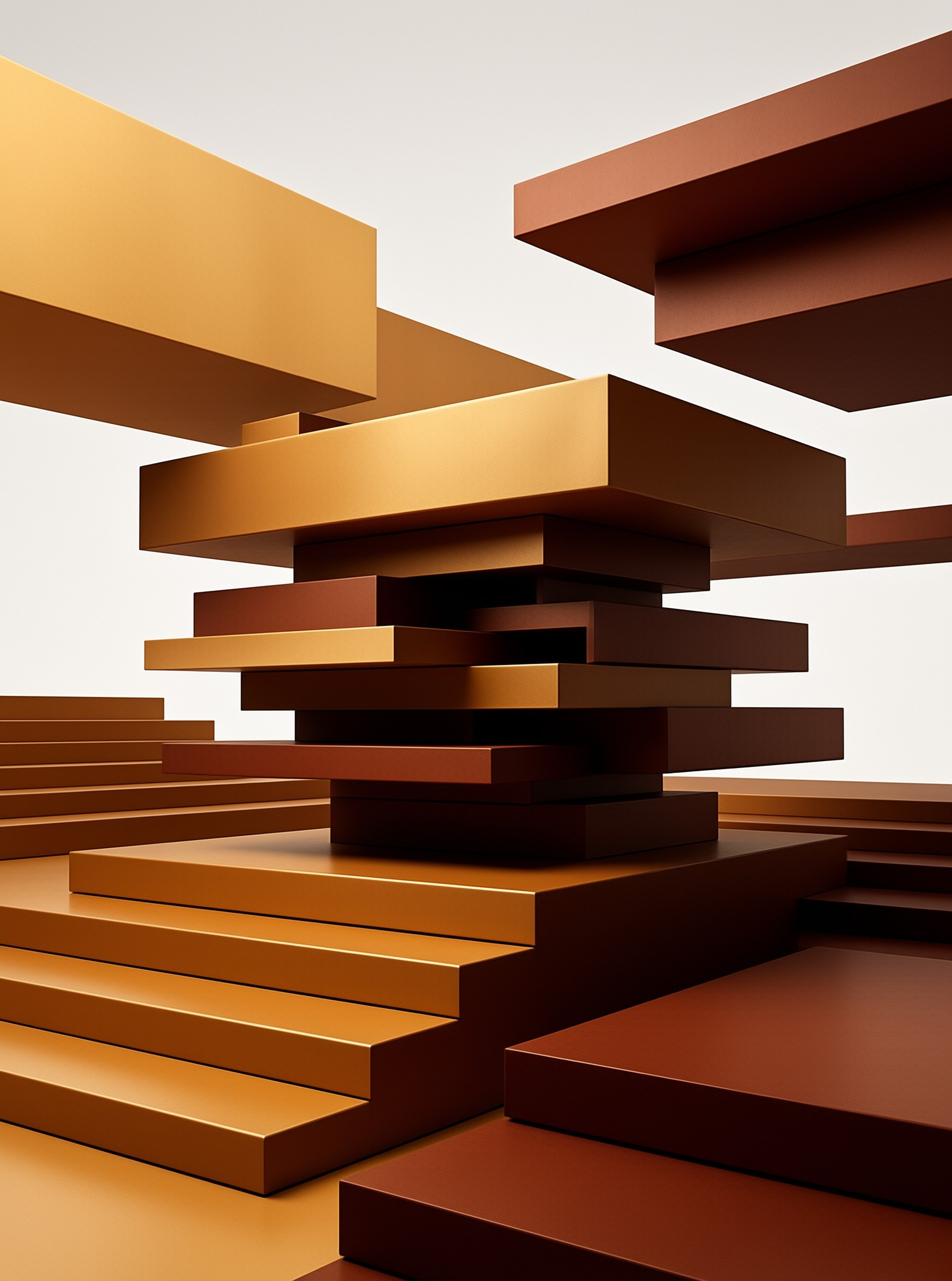 Staggered copper and gold rectangular slabs form a geometric stair shape against a bright white backdrop with soft even light.